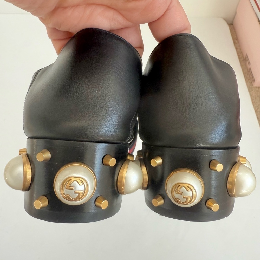 Gucci Black leather GG Web Pearl embellished Peyton loafers block heel EU 38 - Picture 5 of 11